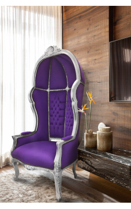 Grand fauteuil carrosse de style baroque tissu velours mauve et bois argent