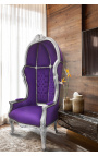 Grand fauteuil carrosse de style baroque tissu velours mauve et bois argent