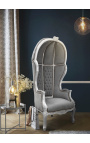 Cadeira grande estilo barroco tecido de veludo cinza e madeira prateada