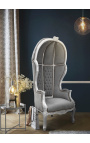 Grand fauteuil carrosse de style Baroque tissu velours gris et bois argent