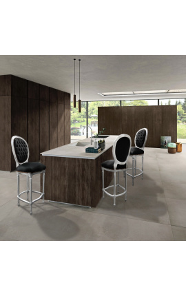 Sedia da bar in stile Luigi XVI, tessuto in velluto nero e legno argentato
