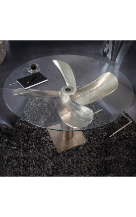 "Helix" dining table in aluminum and silver-colored steel with glass top