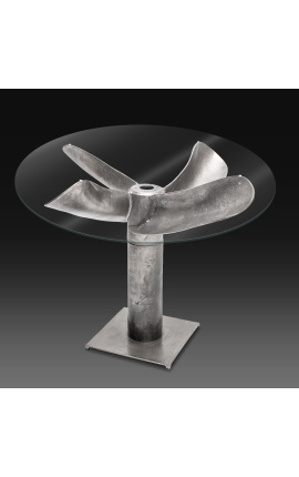 &quot;Helix&quot; dining table in aluminum and silver-colored steel with glass top