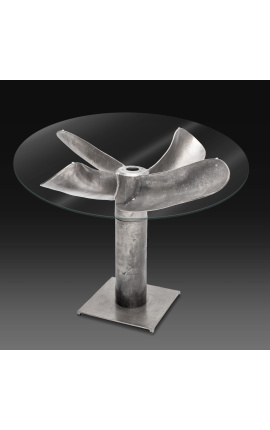 &quot;Helix&quot; eet tafel in aluminium en zilver-gekleurd staal met glas top