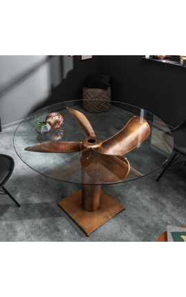 "Helix" dining table in aluminum and copper-colored steel with glass top