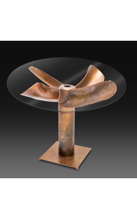 &quot;Helix&quot; dining table in aluminum and copper-colored steel with glass top