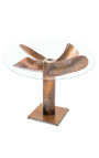 "Helix" dining table in aluminum and copper-colored steel with glass top