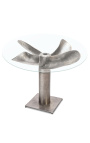 Tavolo da pranzo "Helix" in alluminio color argento e acciaio con piano in vetro