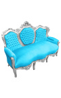 Canapé baroque tissu velours turquoise et bois argenté