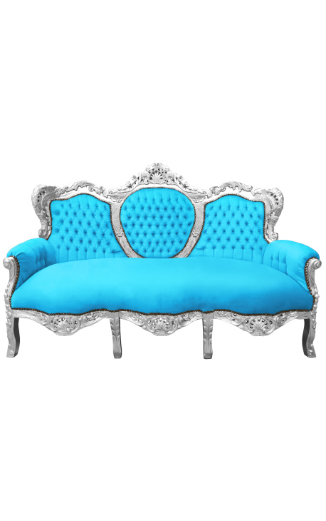 Canapé baroque tissu velours turquoise et bois argenté