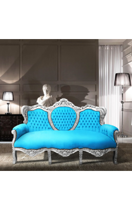 Canapé baroque tissu velours turquoise et bois argenté