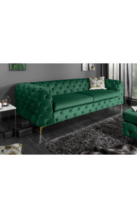 Canapé 3 places "Rhea" design Art Deco Chesterfield en velours vert émeraude