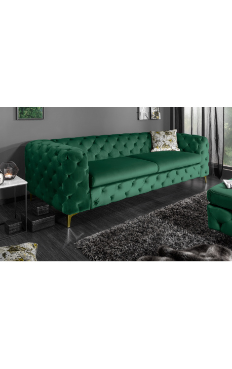 Sofá Art Deco Chesterfield "Rhea" de 3 lugares em veludo verde esmeralda