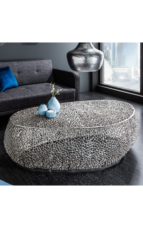 Großes Oval "Cory" couchtisch aus stahl und silberfarbenem metall 120 cm