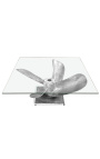 Mesa de centro quadrada "Helix" em alumínio prateado e aço com tampo em vidro