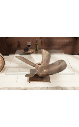 Square &quot;Helix&quot; coffee table in aluminum and copper-colored steel with glass top