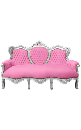 Canapé baroque tissu velours rose et bois argenté