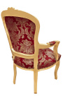 Baroque armchair of Louis XV style with burgundy fabric and "Gobelins" patterns and gilded wood
