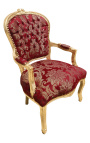 Butaca barroc d'estil Lluís XV de setí vermell amb motius "Gobelins" i fusta daurada