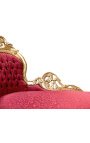 Grande chaise longue in tessuto satinato rosso e legno dorato - 16