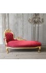 Duży szezlong w stylu barokowym, czerwona satynowa tkanina i złote drewno