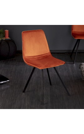 Set of 4 "Nalia" design dining chairs in orange velvet with black legs