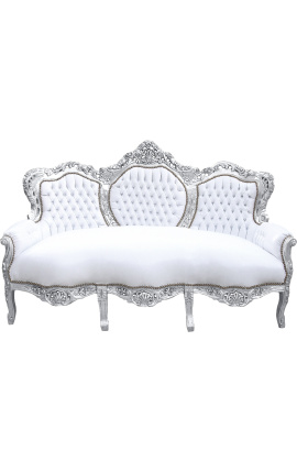 Canapé baroque tissu simili cuir blanc et bois argent