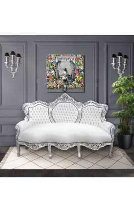 Canapé baroque tissu simili cuir blanc et bois argent