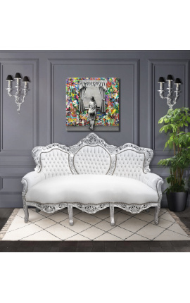 Barokna sofa umjetna koža bijela i posrebreno drvo