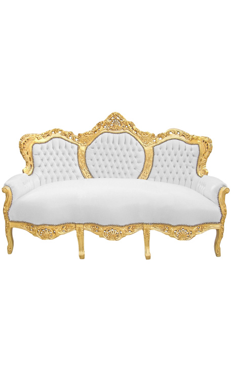 Barocksofa aus Kunstleder in Weiß und Goldholz