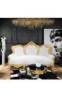 Бароков диван изкуствена кожа бяло и златно дърво