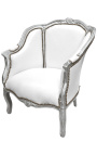 Duży fotel bergere w stylu Ludwika XV sztuczna skóra białe i srebrne drewno