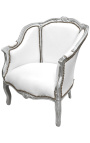 Large bergere armchair Louis XV style false skin white and silver wood