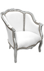 Duży fotel bergere w stylu Ludwika XV sztuczna skóra białe i srebrne drewno