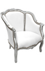 Large bergere armchair Louis XV style false skin white and silver wood