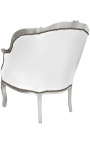 Large bergere armchair Louis XV style false skin white and silver wood