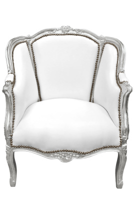 Large bergere armchair Louis XV style white leatherette and silver wood