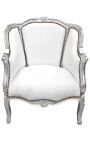 Large bergere armchair Louis XV style false skin white and silver wood