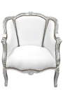 Liels bergere atzveltnes krēsls Louis XV stilā mākslīgās ādas balta un sudraba koka