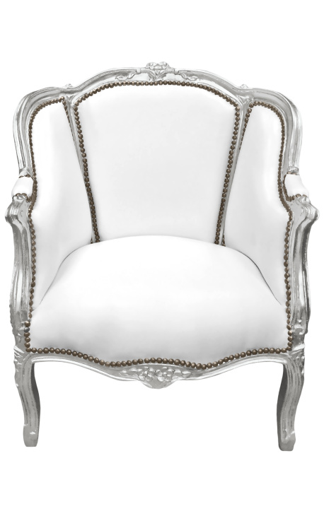 Sillón de gran tamaño Luis XV estilo falsa piel blanco y madera de plata