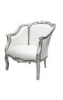 Liels bergere atzveltnes krēsls Louis XV stilā mākslīgās ādas balta un sudraba koka
