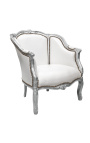 Suuri bergere-nojatuoli Louis XV -tyylinen tekonahka valkoista ja hopeaa puuta