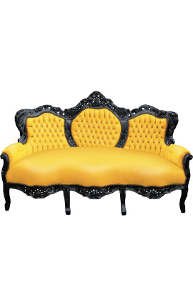Barokinė sofa geltona dirbtinė oda ir juodai lakuota mediena