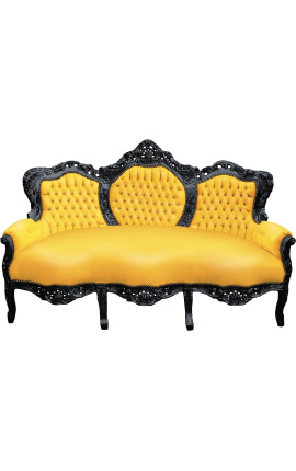 Canapé baroque tissu simili cuir jaune et bois laqué noir