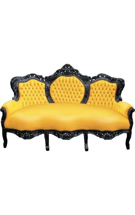 Canapé baroque tissu simili cuir jaune et bois laqué noir