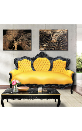 Sofá barroco em tecido de imitação de pele amarelo e madeira lacada a preto