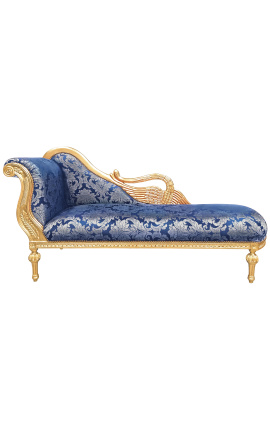 Большой шезлонг в стиле барокко с лебединой синей тканью "Гобелены" и золотым деревом