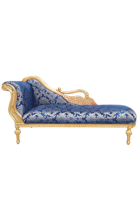 Didelė baroško stiliaus kėdė su švanų mėlynu "Gobelinai" audiniai ir aukso mediena