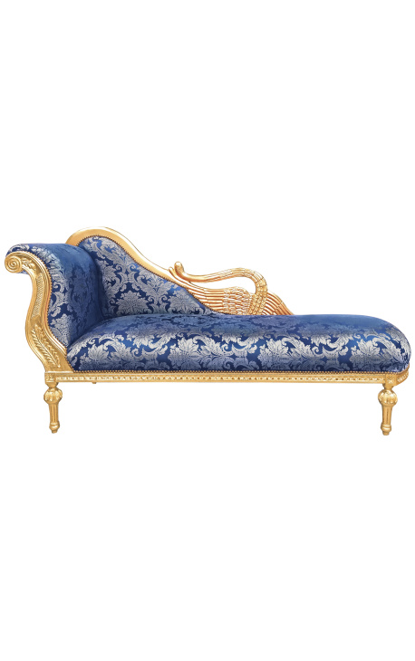 Grand récamier baroque à col de cygne tissu satiné bleu "Gobelins", bois doré