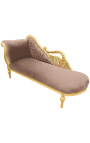 Grote barok chaise longue met een zwaan taupe fluwelen stof en goud hout